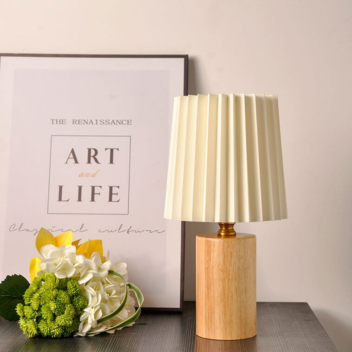 Vintage Korean Fold Column Solid Wood Base 1-Light Table Lamp