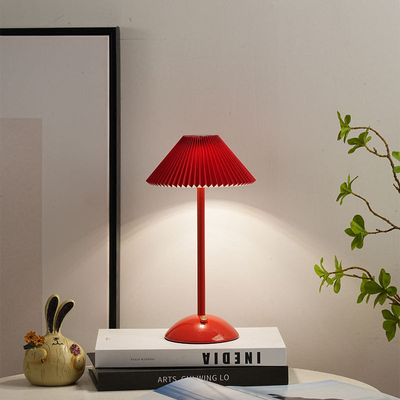 Contemporary Scandinavian rechargeable iron fabric conical folded LED table lamp for bedside