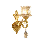 Clear crystal flower wall lamps contemporary 1-light wall sconce with carved arm in gold for hallway