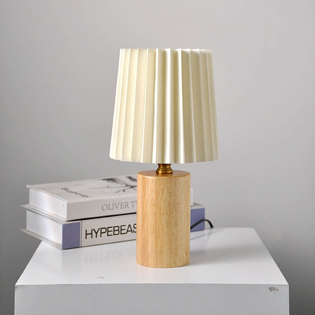 Vintage Korean Fold Column Solid Wood Base 1-Light Table Lamp