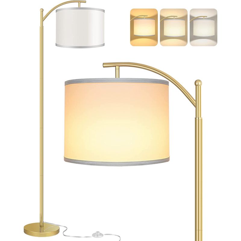 Floor lamp with 3 color temperatures LED bulb, tall industrial floor lamp for reading for bedroom, office, white lampshade included
