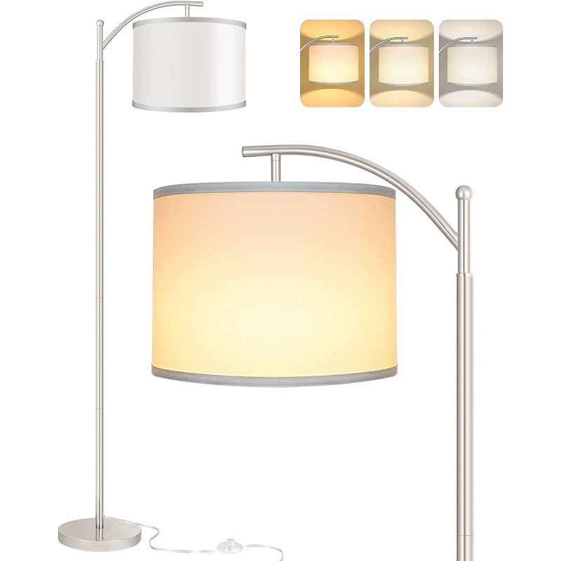 Floor lamp with 3 color temperatures LED bulb, tall industrial floor lamp for reading for bedroom, office, white lampshade included