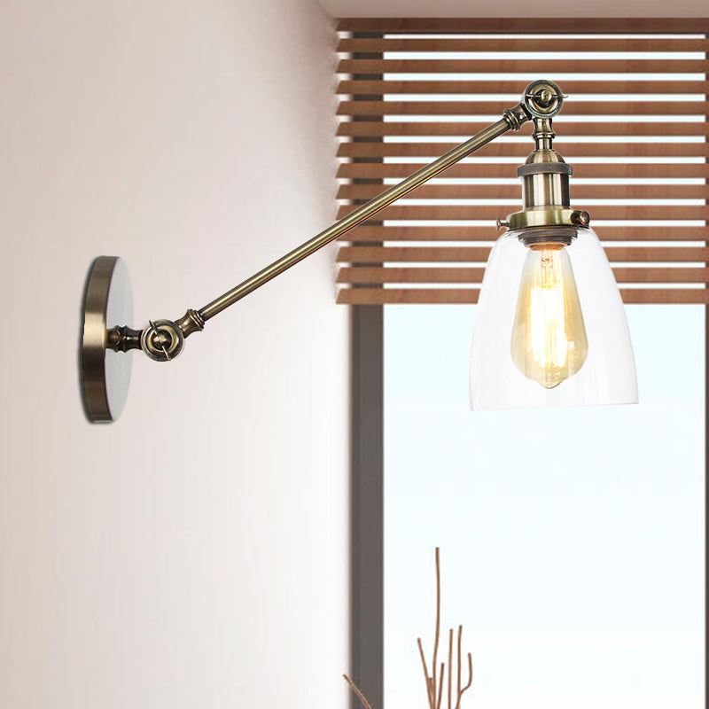 Black/Bronze/Brass 1-Light Wall Lamp Fixture Industrial Style Clear Glass Cone Light with Arm, 8"/12" L