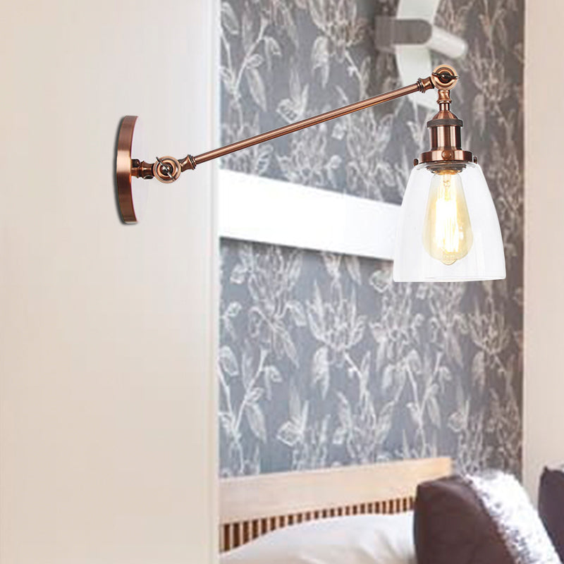 Black/Bronze/Brass 1-Light Wall Lamp Fixture Industrial Style Clear Glass Cone Light with Arm, 8"/12" L