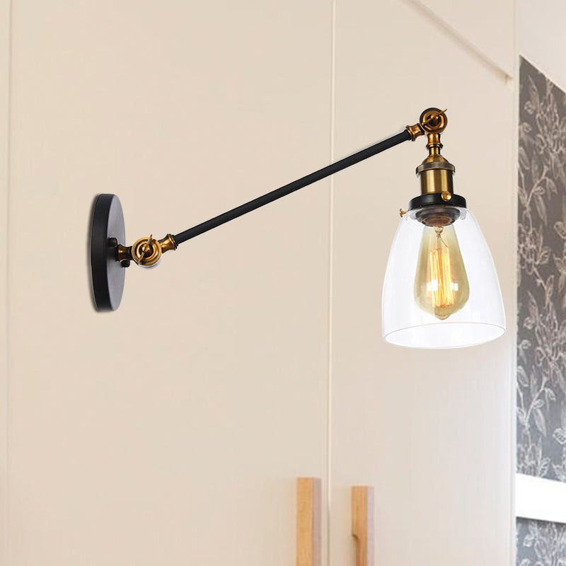 Black/Bronze/Brass 1-Light Wall Lamp Fixture Industrial Style Clear Glass Cone Light with Arm, 8"/12" L