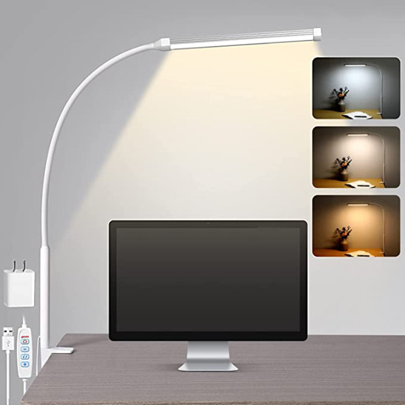 LED Desk Lamp with Light, Eye-friendly Clamp-On Lights for Home Office, 3 Modes 10 Brightness Levels, Long Flexible Goose Neck, Metal, Swing Arm Architect Desk Lamps with USB Adapter, White