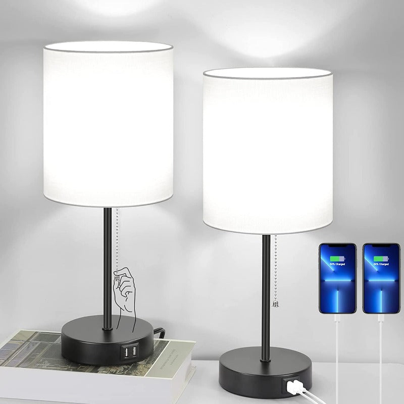 Table lamp set of 2 with USB charging ports, gray bedside lamps with AC socket, bedside lamps with pull switch, minimalist modern desk lamps with fabric shade for living room bedroom office