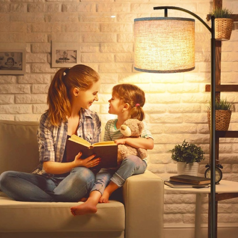 Floor lamp with 3 color temperatures LED bulb, tall industrial floor lamp for reading for bedroom, office, white lampshade included
