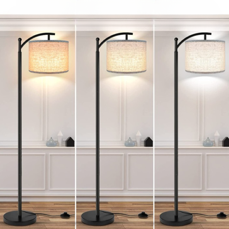 Floor lamp with 3 color temperatures LED bulb, tall industrial floor lamp for reading for bedroom, office, white lampshade included