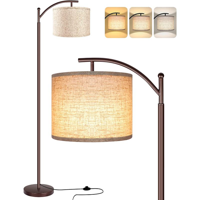 Floor lamp with 3 color temperatures LED bulb, tall industrial floor lamp for reading for bedroom, office, white lampshade included