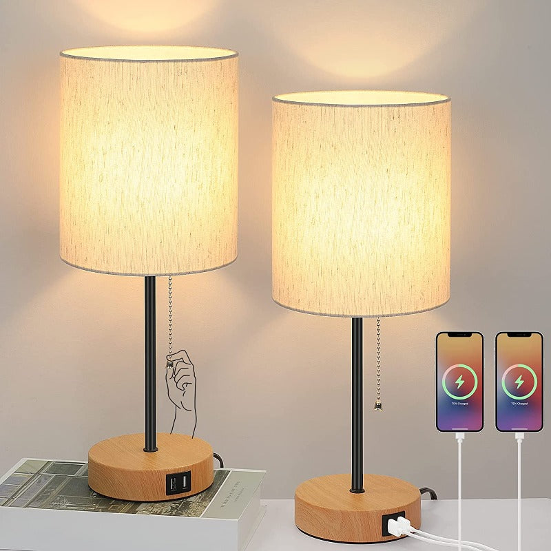 Table lamp set of 2 with USB charging ports, gray bedside lamps with AC socket, bedside lamps with pull switch, minimalist modern desk lamps with fabric shade for living room bedroom office