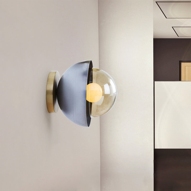 Metallic Half Moon Wall Light Modernist 1-Light Brass/Chrome Wall Light with Orb Tan Glass Shade for Hallway