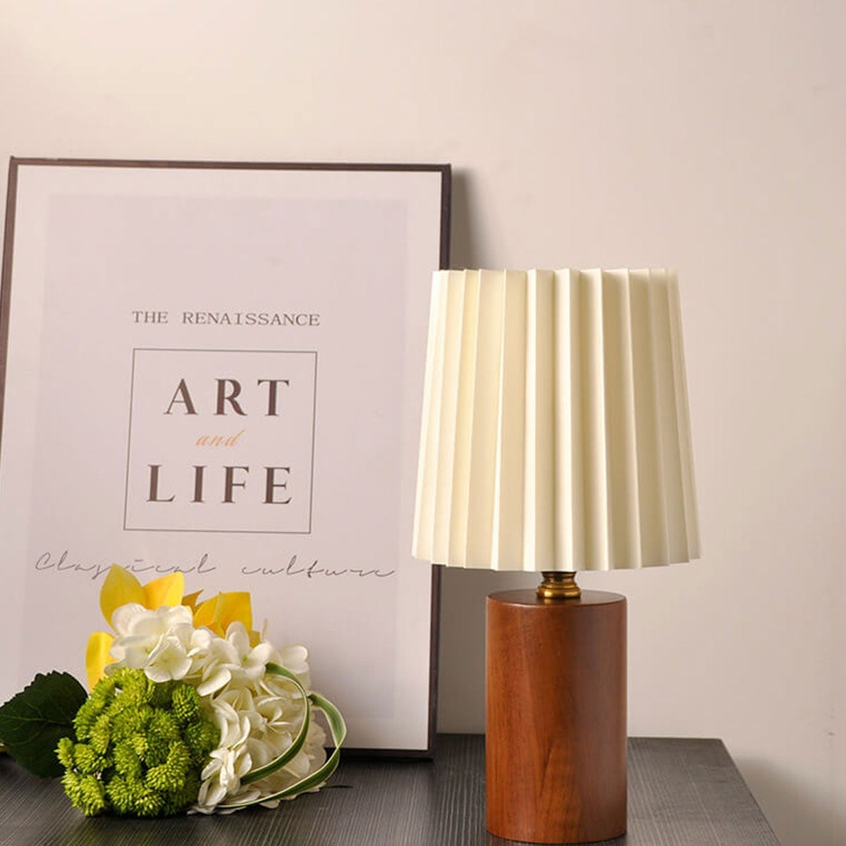 Vintage Korean Fold Column Solid Wood Base 1-Light Table Lamp