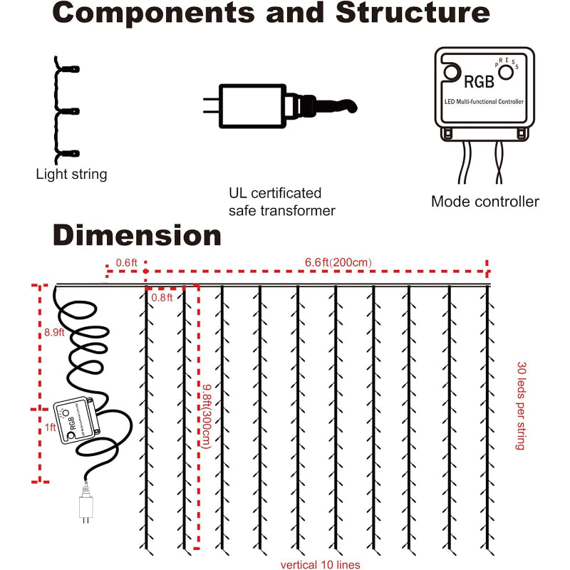 Curtain lamps with modes and waterproof design
