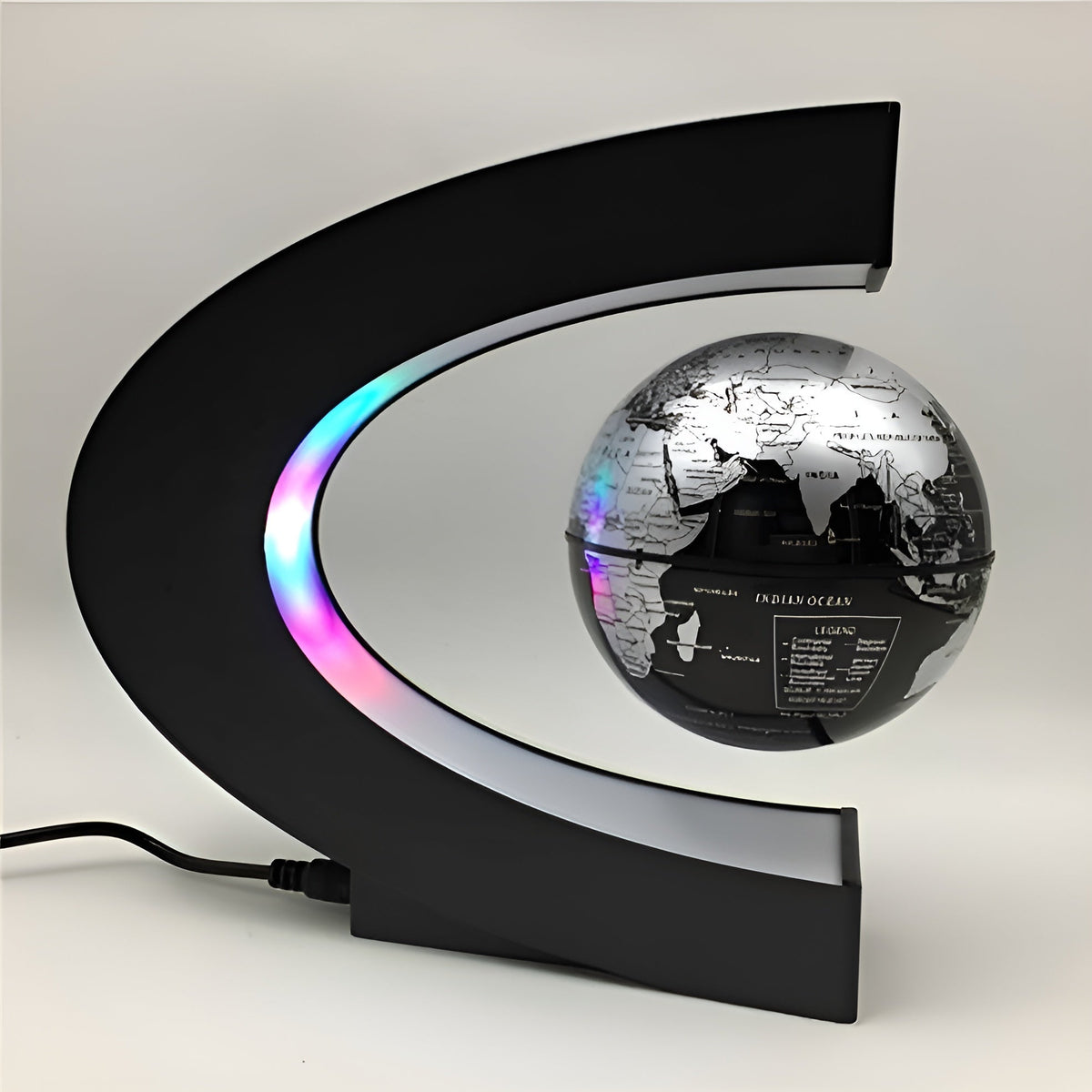 Magical floating globe with LED lighting and educational touch