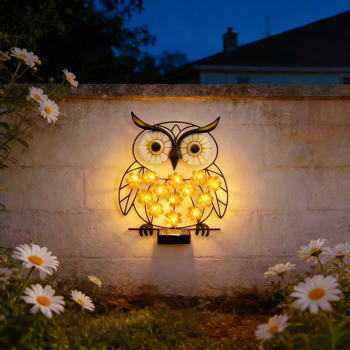 Metal Owl Wall Art With Solar Powered LED Floral Lights And Iron Frame Madigas