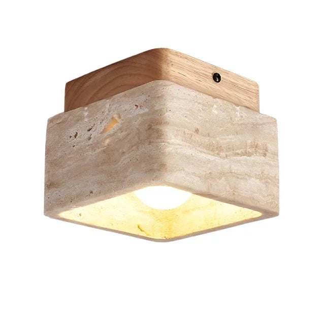 Square Travertine and Wood LED Ceiling Light