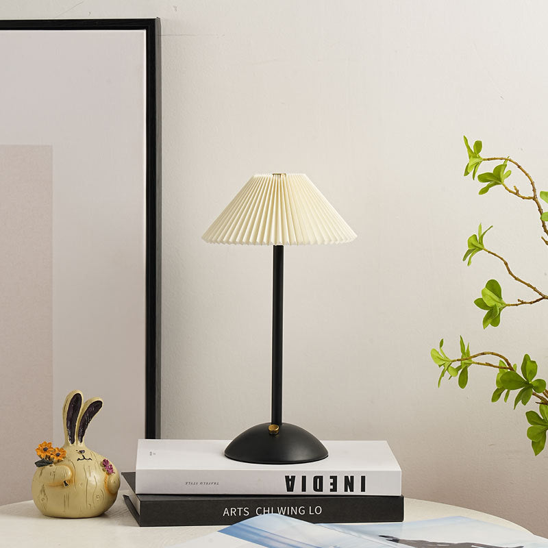 Contemporary Scandinavian rechargeable iron fabric conical folded LED table lamp for bedside