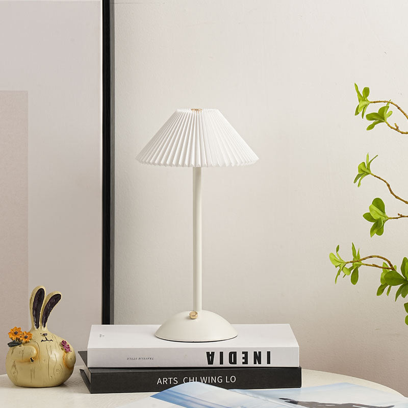 Contemporary Scandinavian rechargeable iron fabric conical folded LED table lamp for bedside