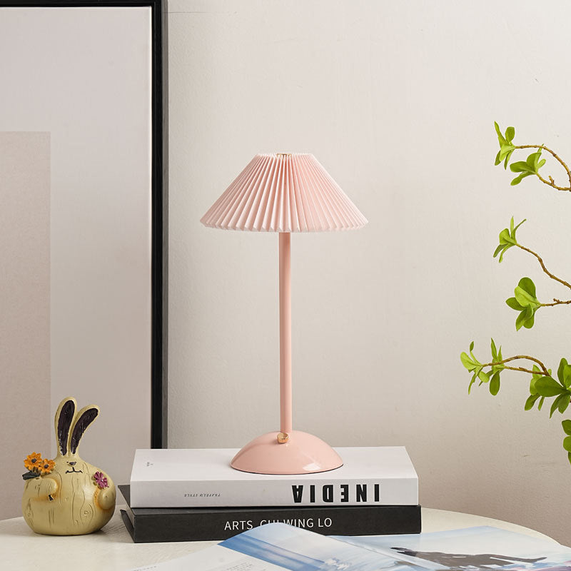 Contemporary Scandinavian rechargeable iron fabric conical folded LED table lamp for bedside