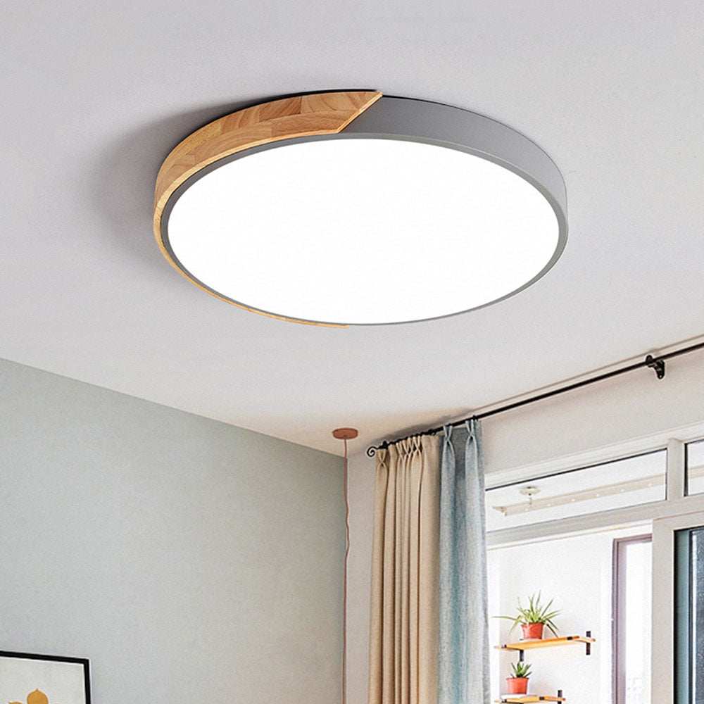 Minimalist round LED ceiling light with wood decor – modern design, dimmable