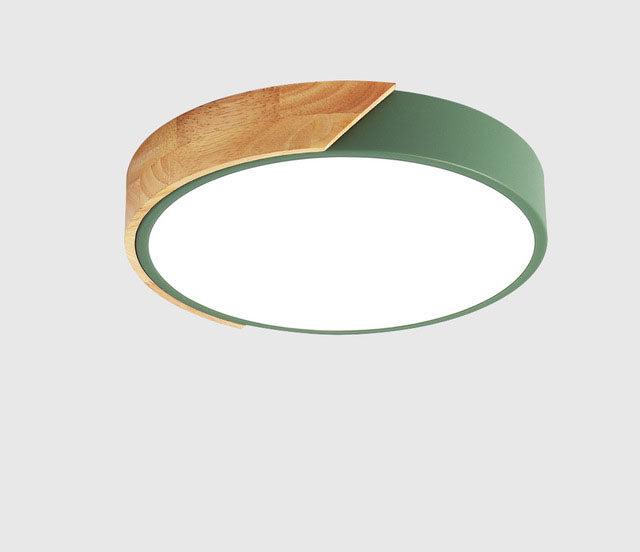 Minimalist round LED ceiling light with wood decor – modern design, dimmable