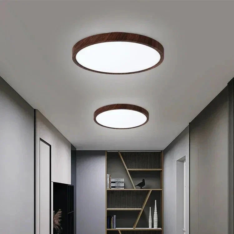 Modern circular ceiling light with adjustable LED light in warm walnut color for living room and bedroom